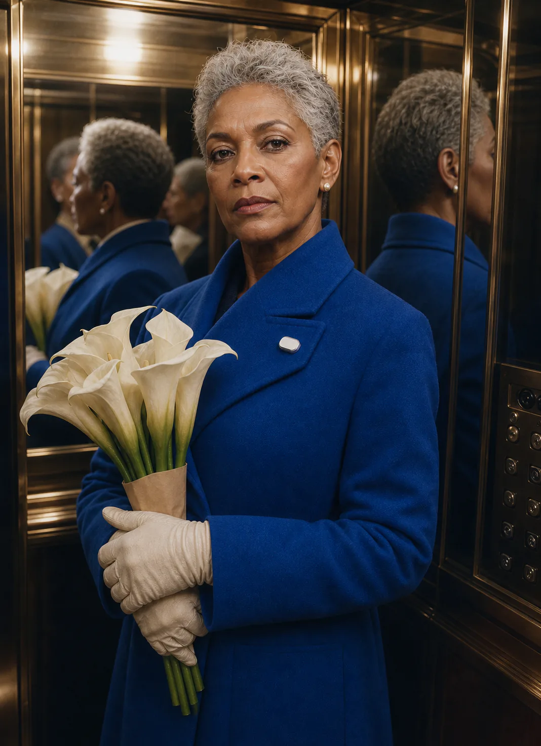 Woman in a cobalt suit wearing Presence Key and holding calla lilies