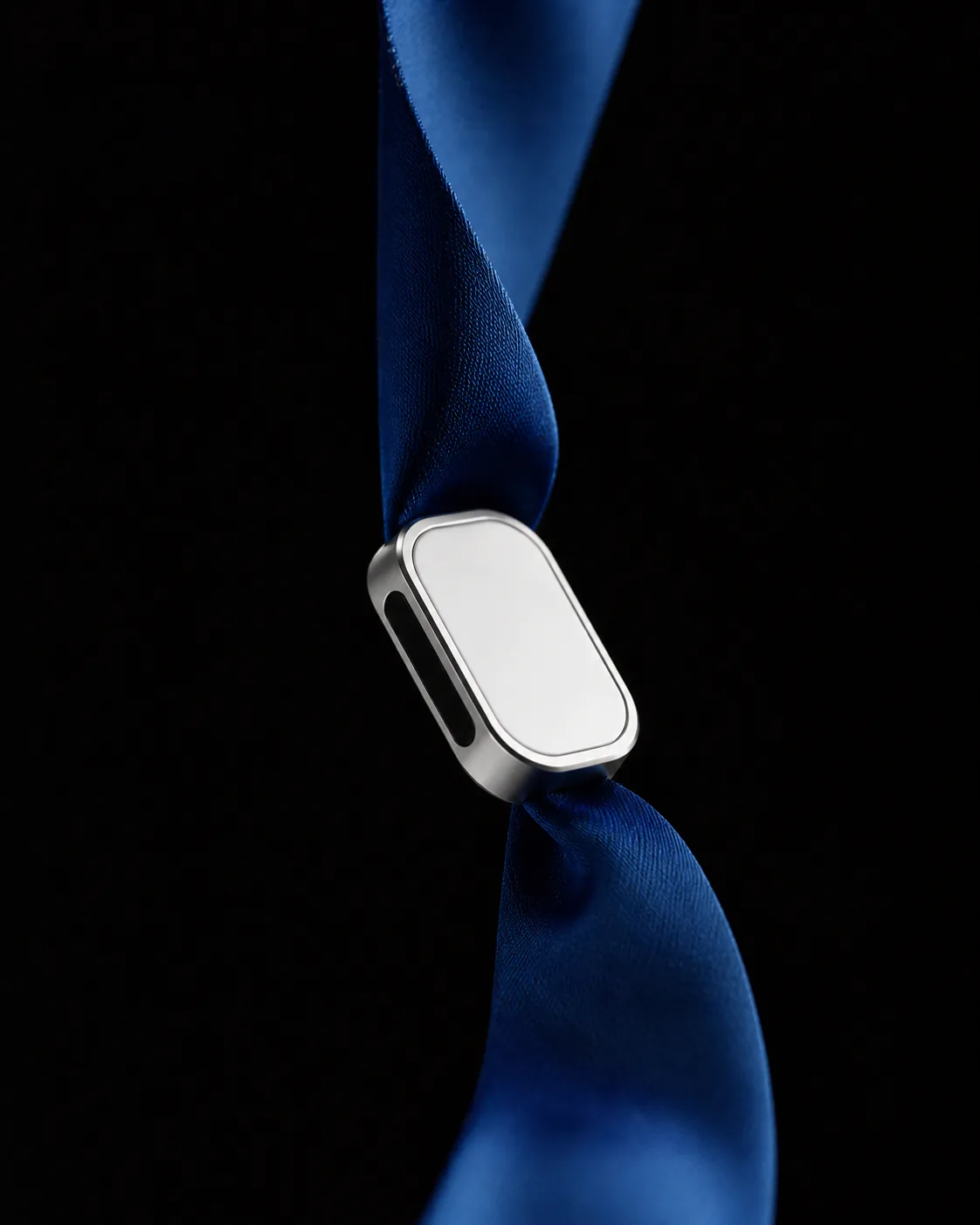 Presence Key suspended from a cobalt blue ribbon
