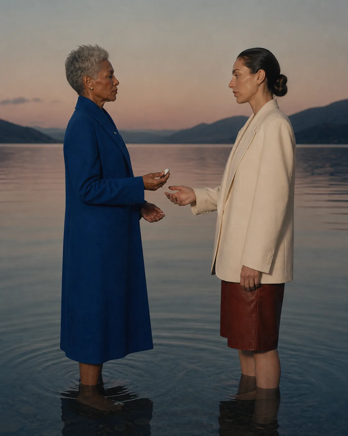 Two people meeting beside a lake, both wearing Presence Key