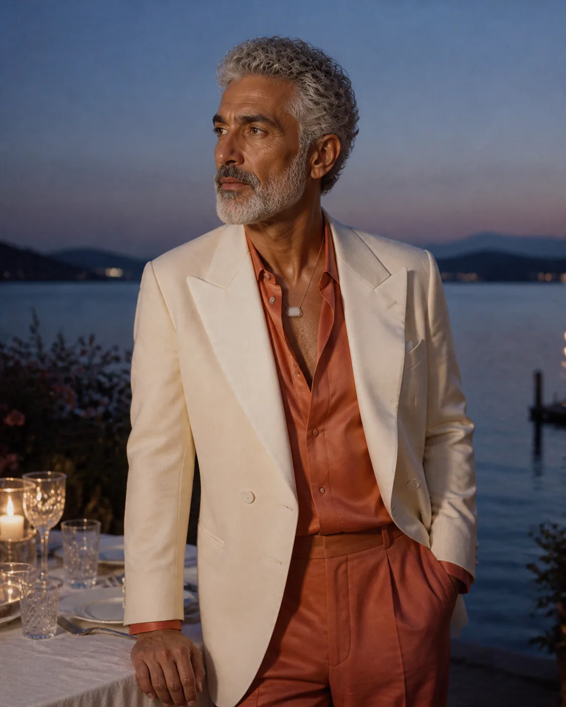 Man wearing Presence Key beside a lake at blue hour