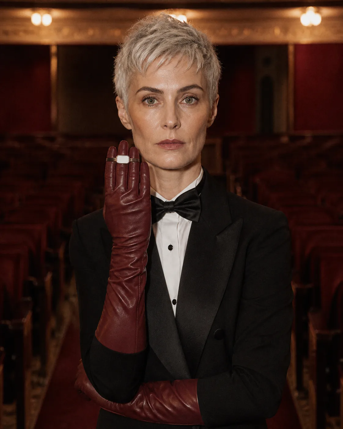 Person in evening dress presenting Presence Key on an oxblood opera glove