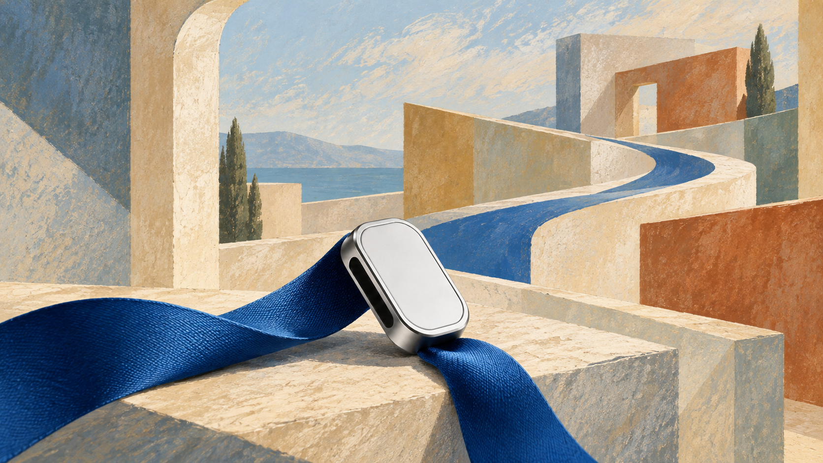 Silver Presence Key on a real cobalt ribbon that continues as a blue path through a painted architectural landscape