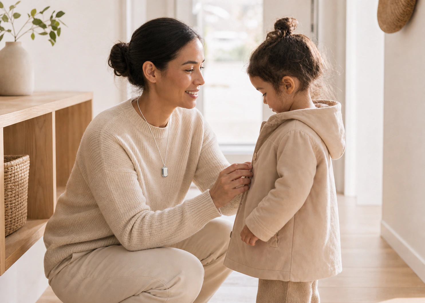 Parent wearing Presence Key as a necklace