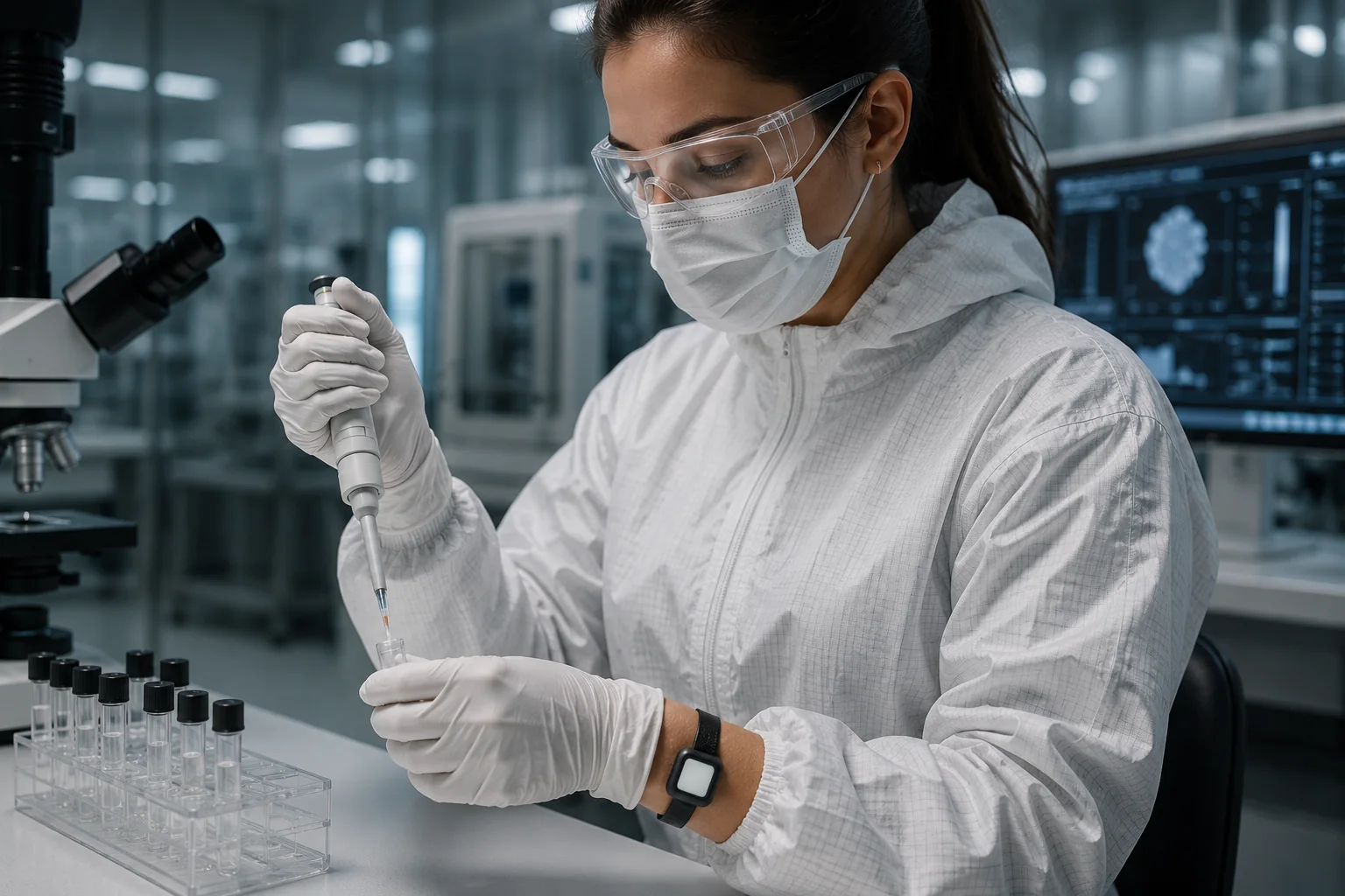 A specialist handles a physical sample inside an advanced laboratory