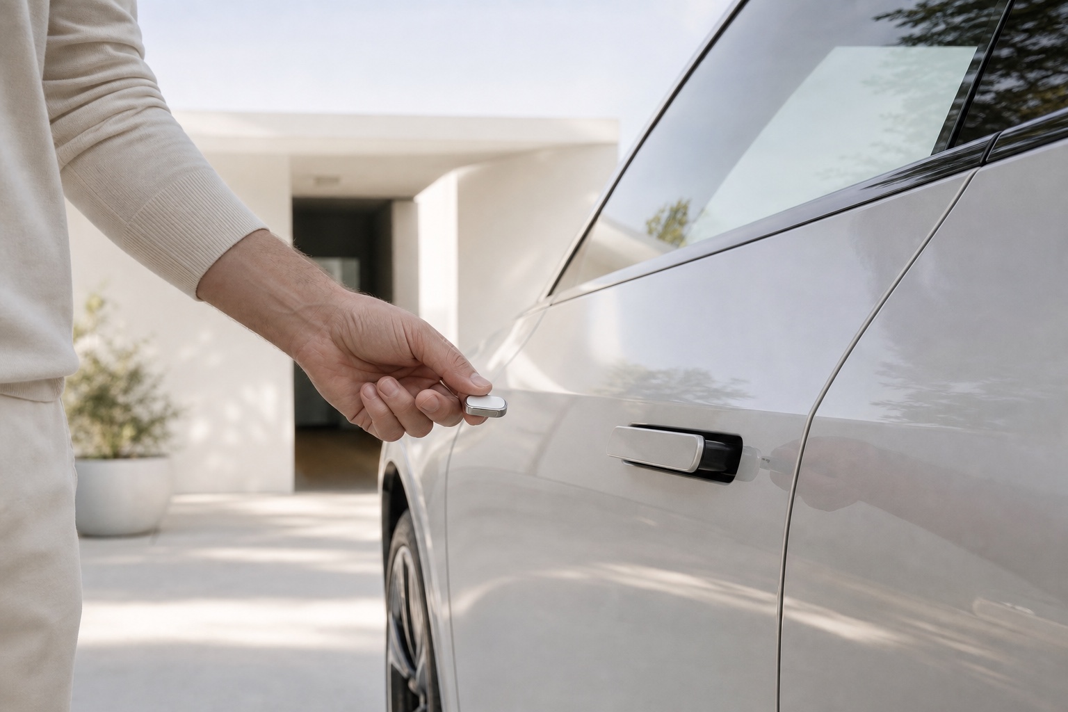 A person using a Presence Key concept device at a vehicle