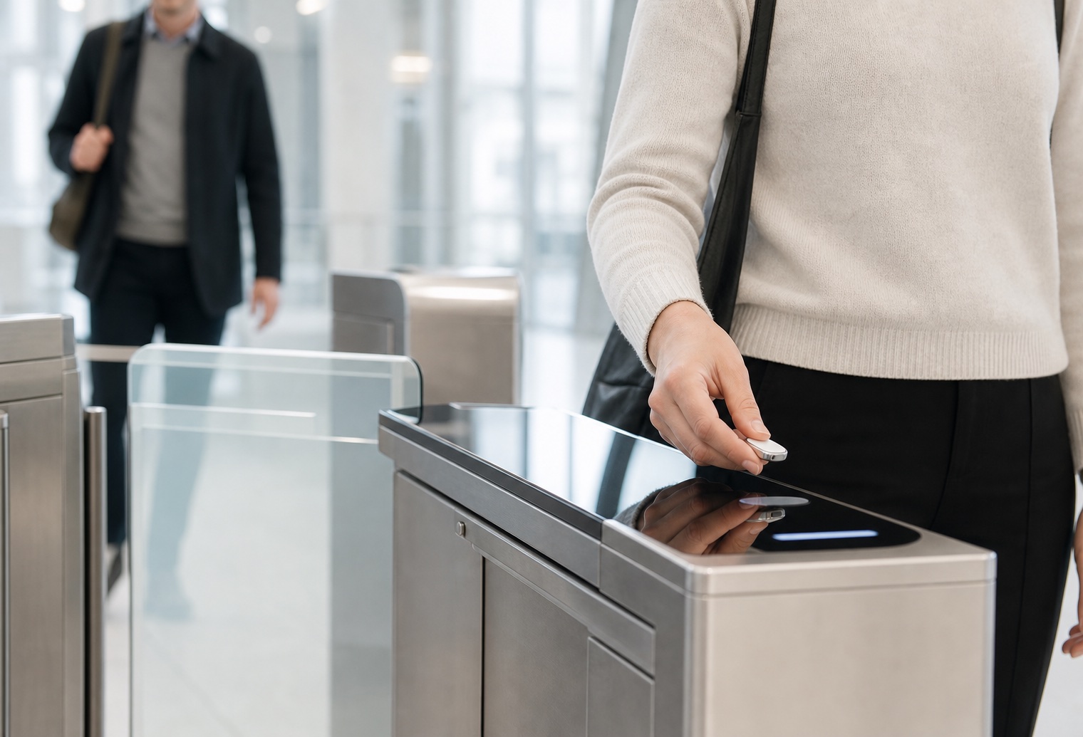 A person using a Presence Key concept device at a controlled building entrance