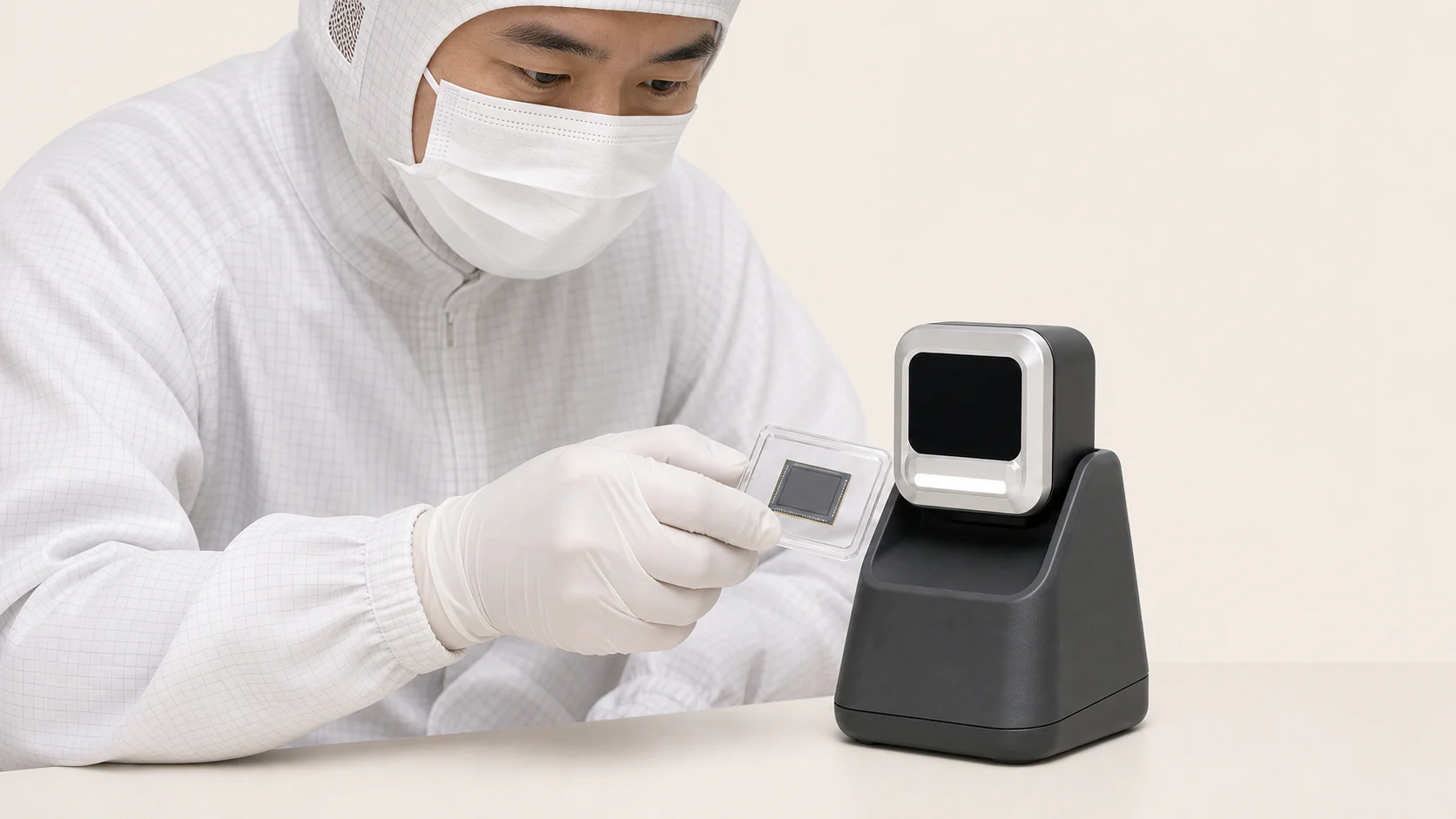 A semiconductor operator verifying a wafer package in a controlled laboratory