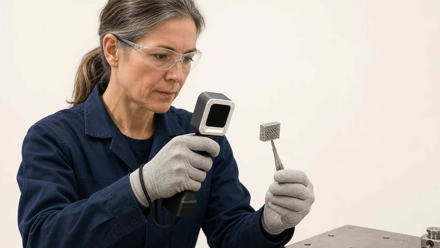 A specialist examining an additive-manufactured metal lattice